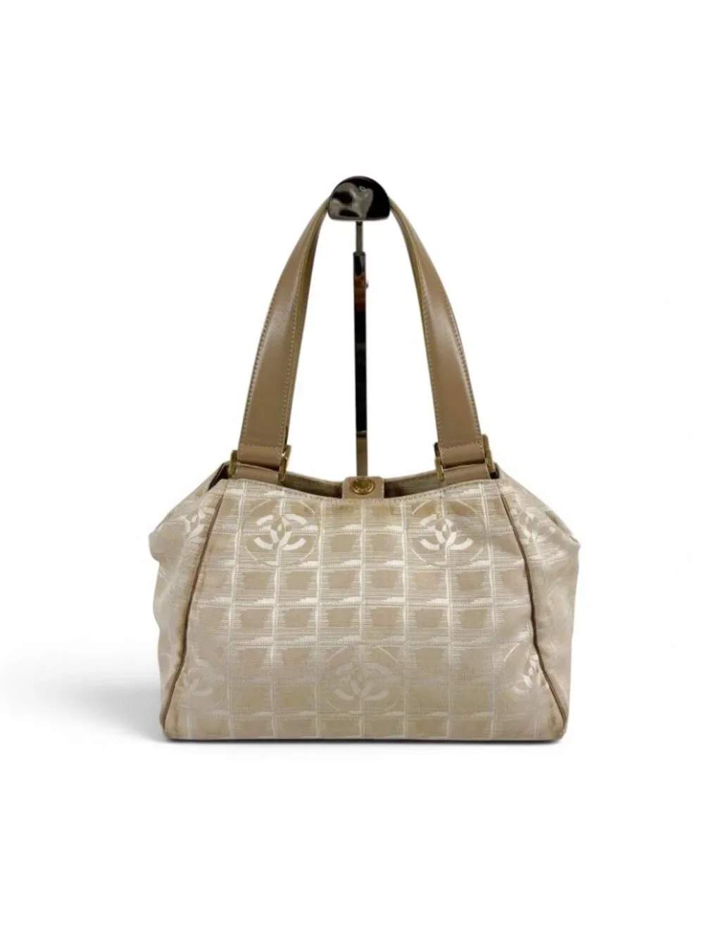 Chanel New Travel Line Handbag Satchel Beige White Nylon Canvas